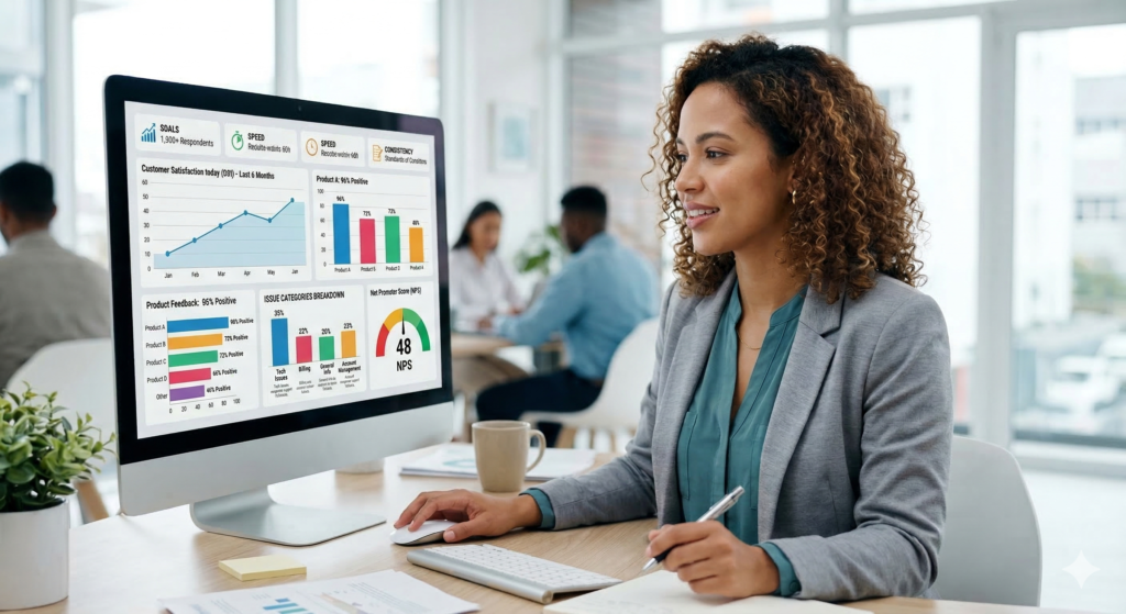 A professional woman is at an office desk, smiling as she looks at a desktop computer displaying a comprehensive customer surveys dashboard. The screen features data visualizations including an NPS gauge, customer satisfaction graphs, and product feedback metrics, illustrating the benefits of using a customer survey company and good survey design to analyze pros and cons and answer, "do customer surveys work?" Other blurred office workers are in the background.