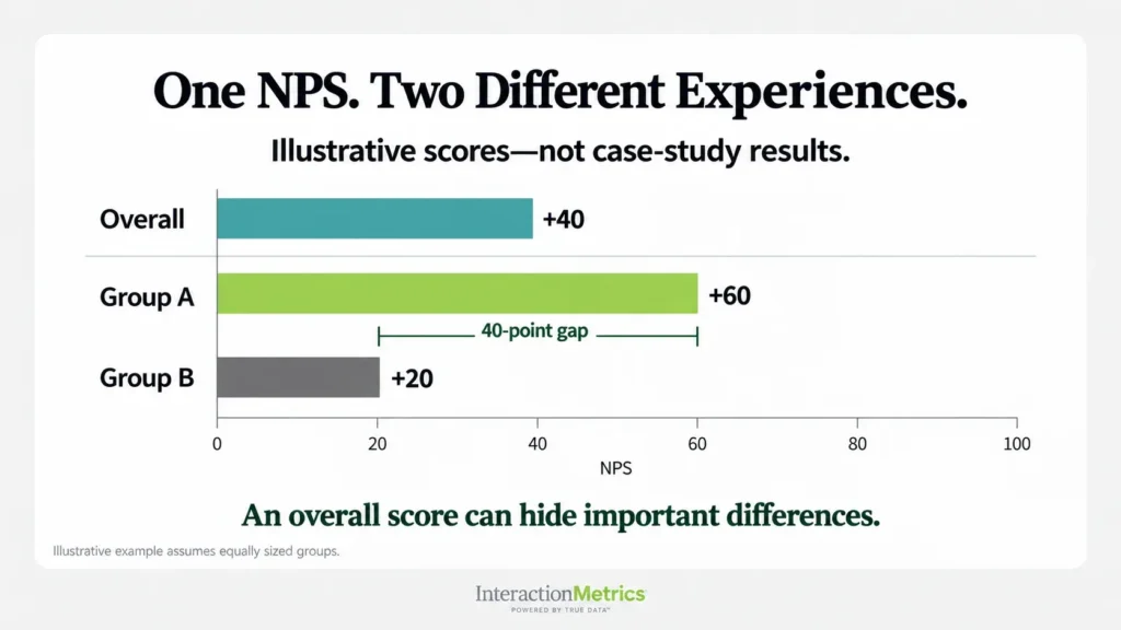 Stacked bars comparing a customer list by segment with survey respondents, showing how small businesses are overrepresented and enterprise accounts underrepresented.