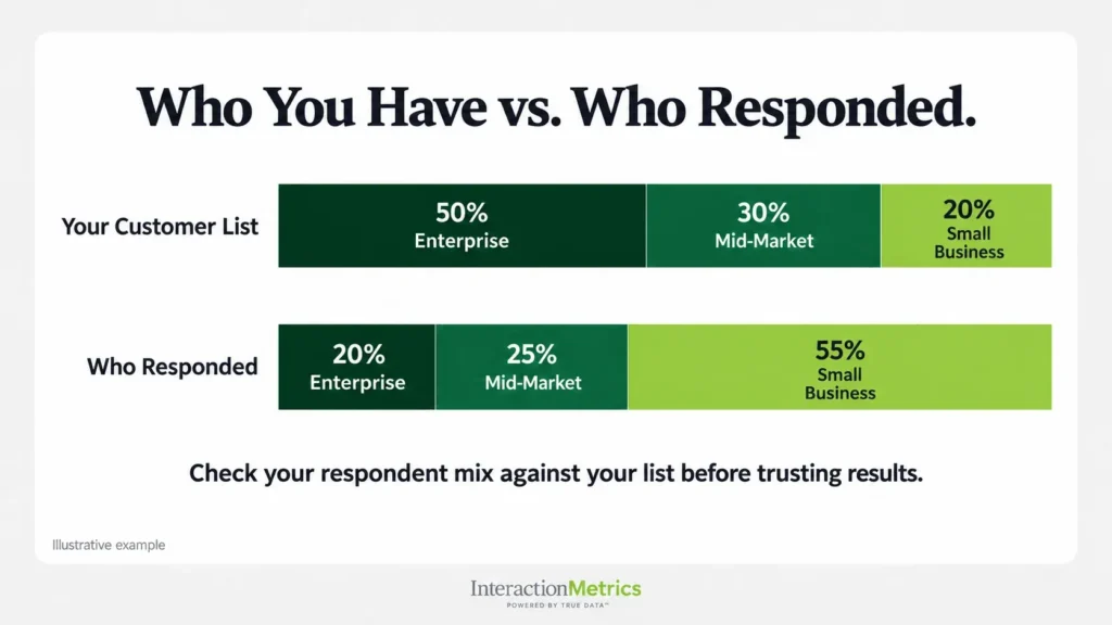 Stacked bars comparing a customer list by segment with survey respondents, showing how small businesses are overrepresented and enterprise accounts underrepresented.