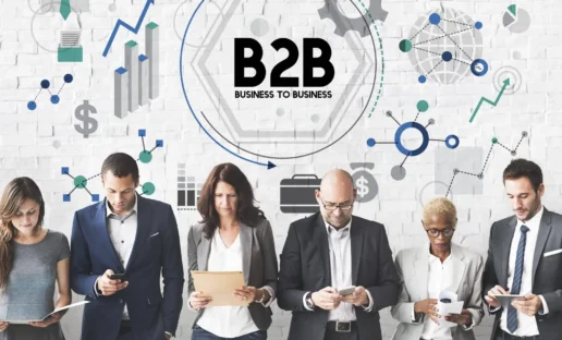 business people and graphics showing the b2b cx