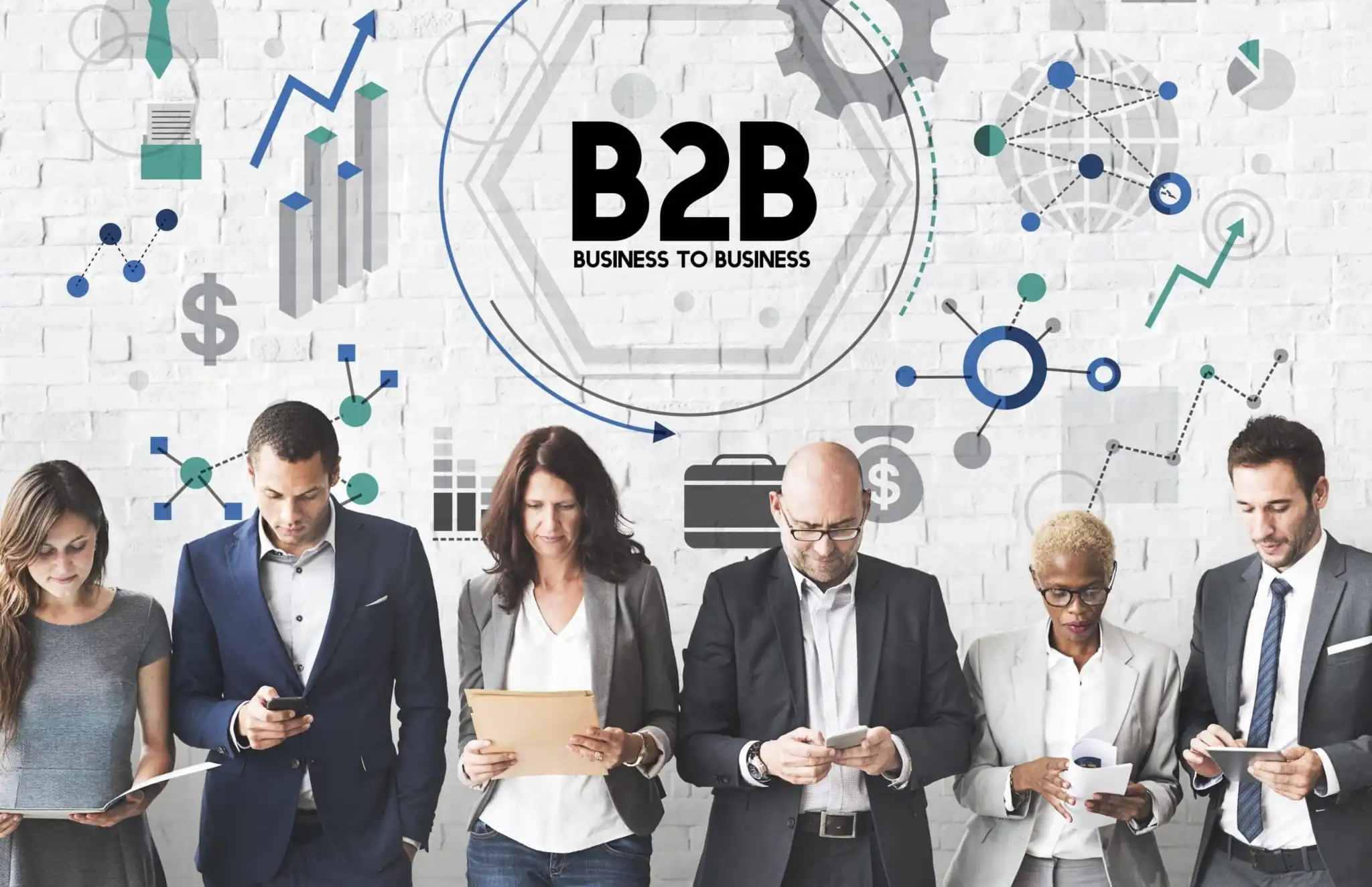 business people and graphics showing the b2b cx