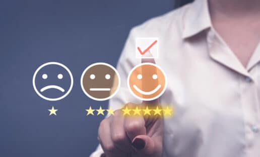 customer pointing to a smile icon and 5 star review for net promoter score calculation