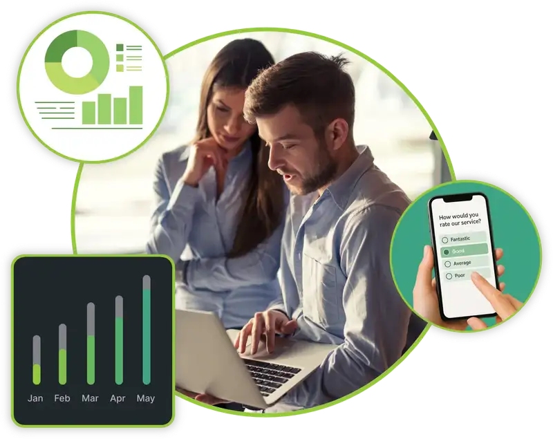 Two CX Analysts with graphs and charts and surveys