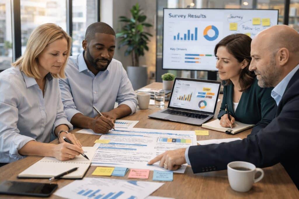 business analysts around a desk discussing customer feedback questions for a questionnaire