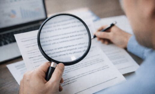 Interaction Metrics analyst holding a magnifying glass to analyze customer feedback