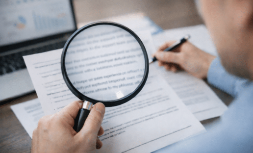 Interaction Metrics analyst holding a magnifying glass to analyze customer feedback