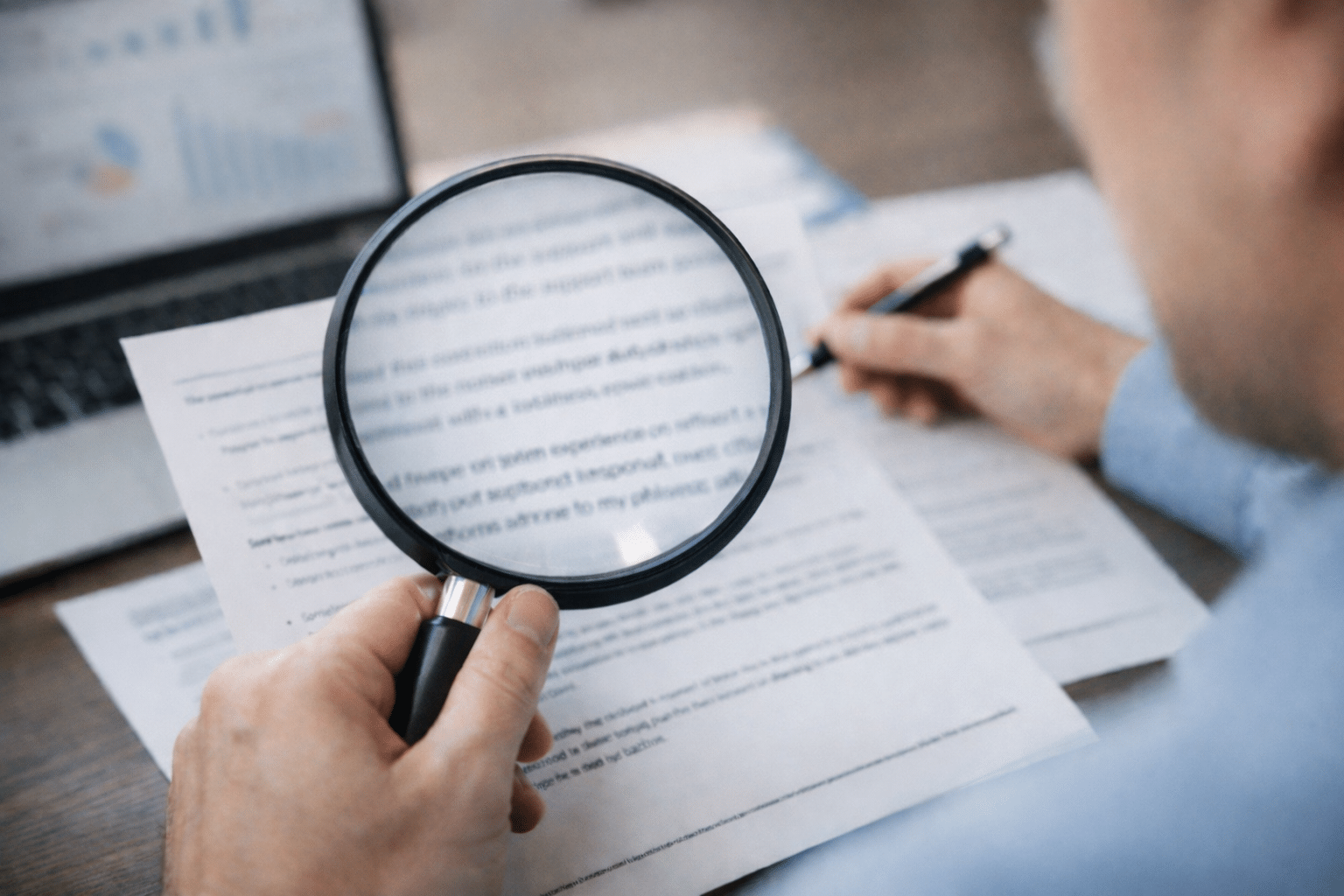 Interaction Metrics analyst holding a magnifying glass to analyze customer feedback