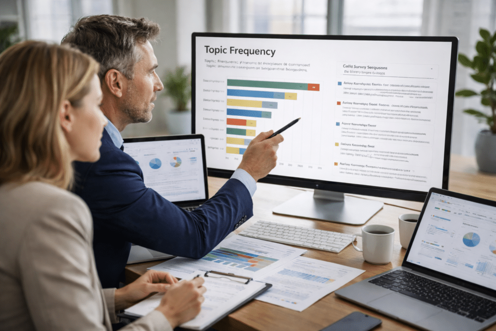 two Interaction Metrics analysts looking at topic frequency in open-ended comments from a customer satisfaction survey on a computer