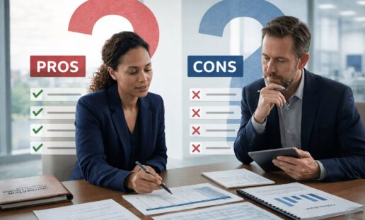 two customer experience analysts discussing customer survey pros and cons in an office
