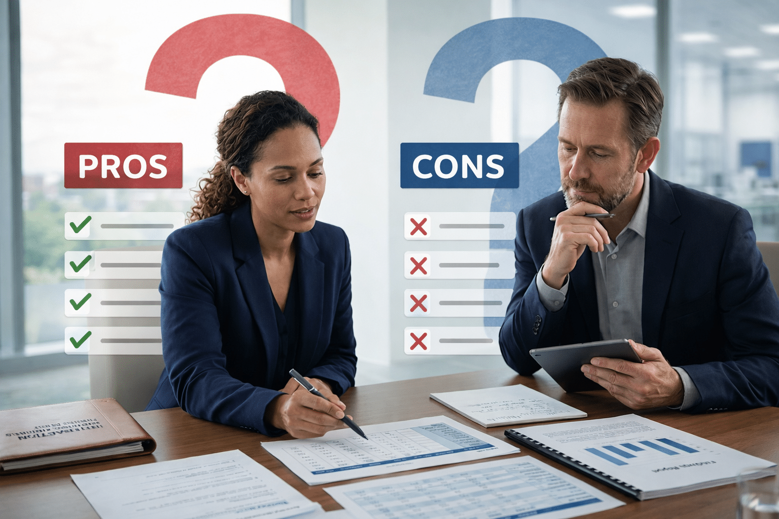 two customer experience analysts discussing customer survey pros and cons in an office