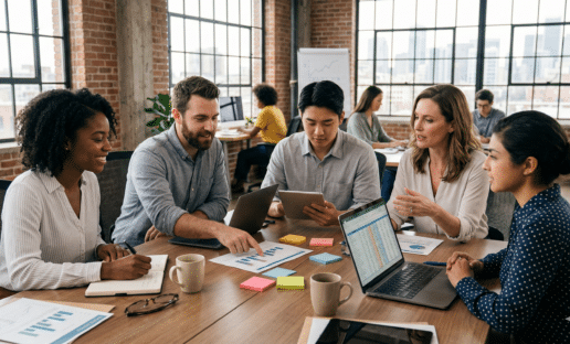 a team of employees reviewing company culture on tables and laptops after running employee surveys