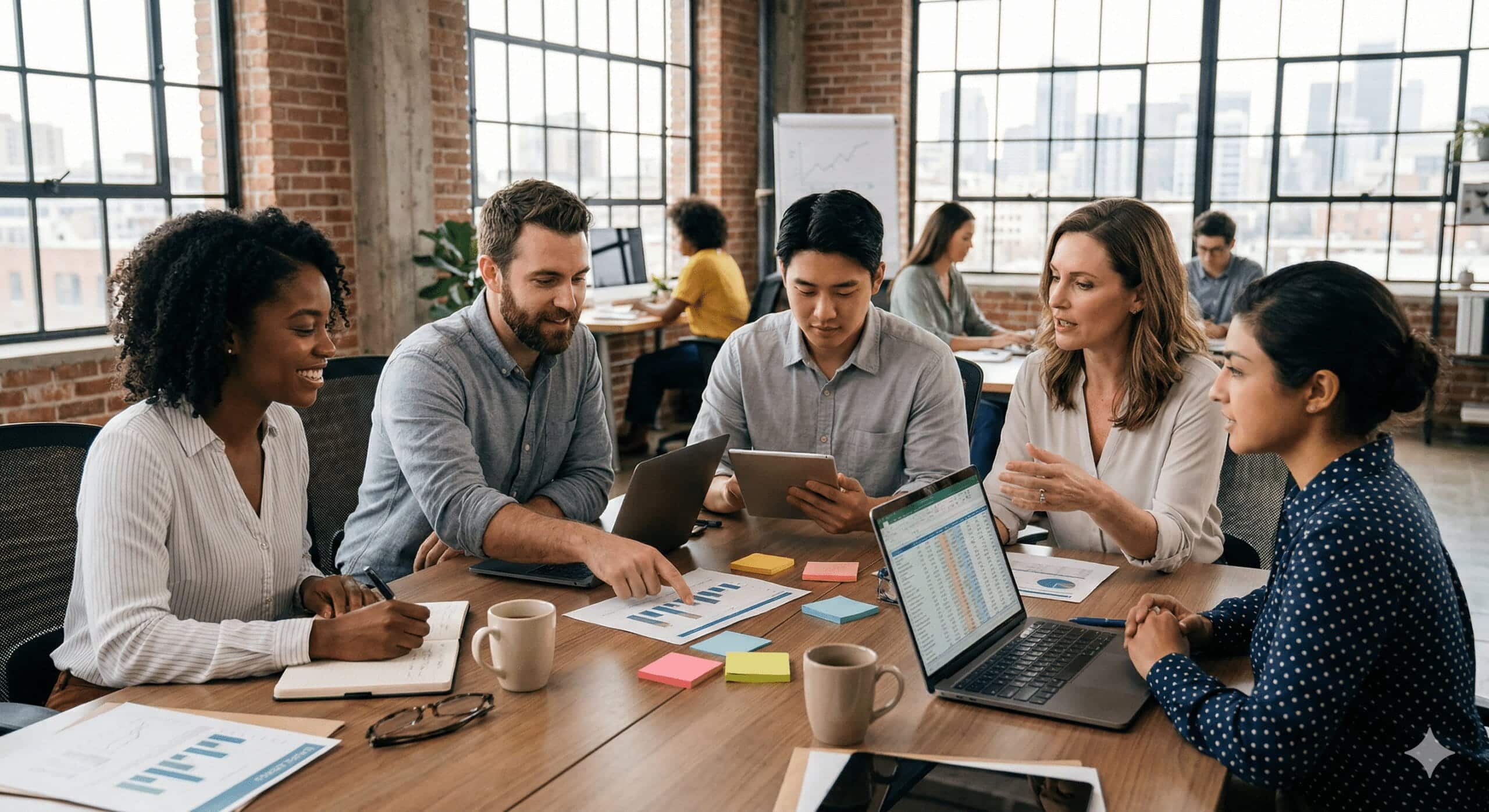 a team of employees reviewing company culture on tables and laptops after running employee surveys