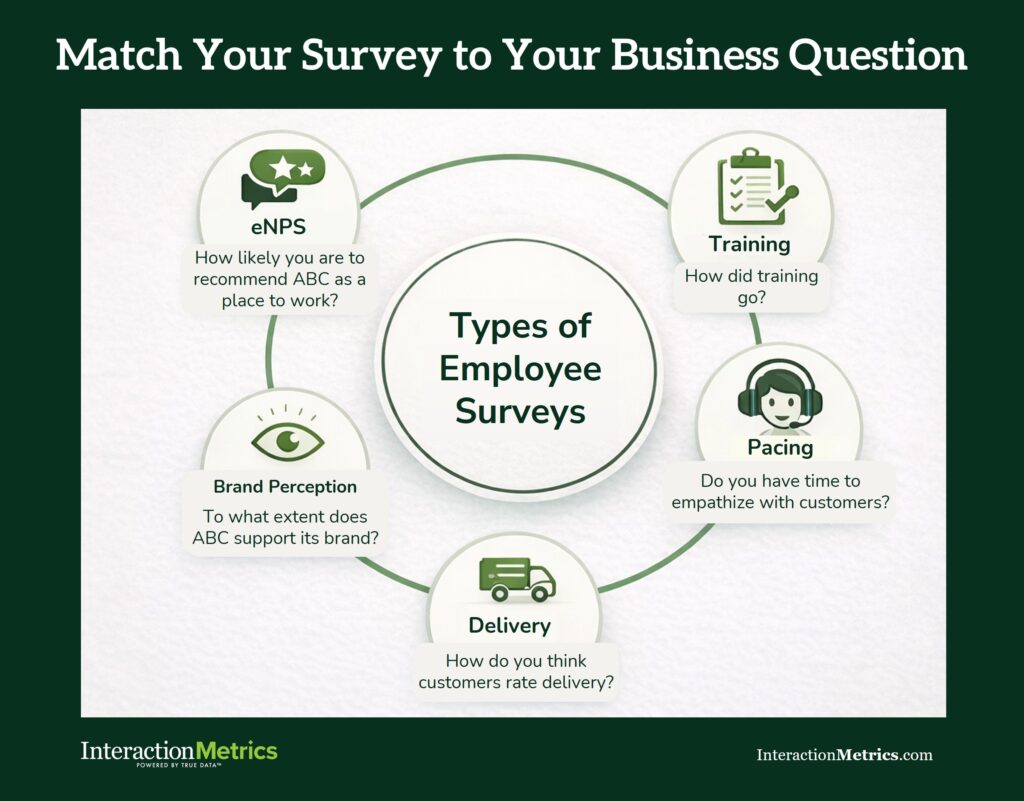 Graphic showing types of employeesurveys, including training surveys, brand perception surveys, and employee net promoter (eNPS).