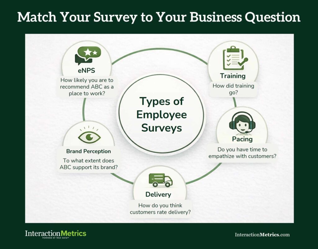 Graphic showing types of employeesurveys, including training surveys, brand perception surveys, and employee net promoter (eNPS).