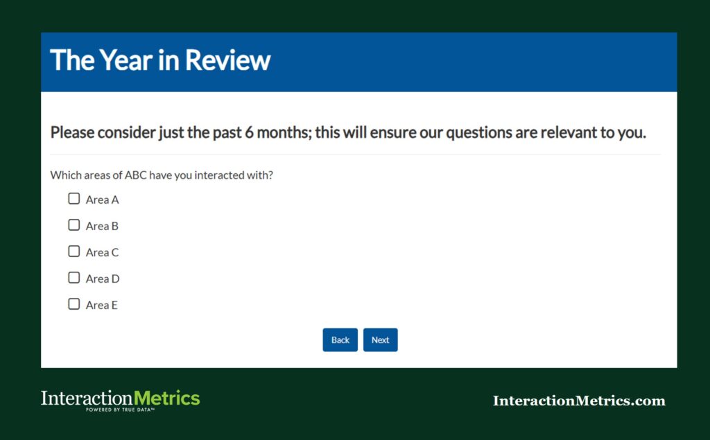 survey invitation asking respondents to select which departments of CompanyABC they've interacted with, so they only get relevant questions, which is a survey data collection best practice