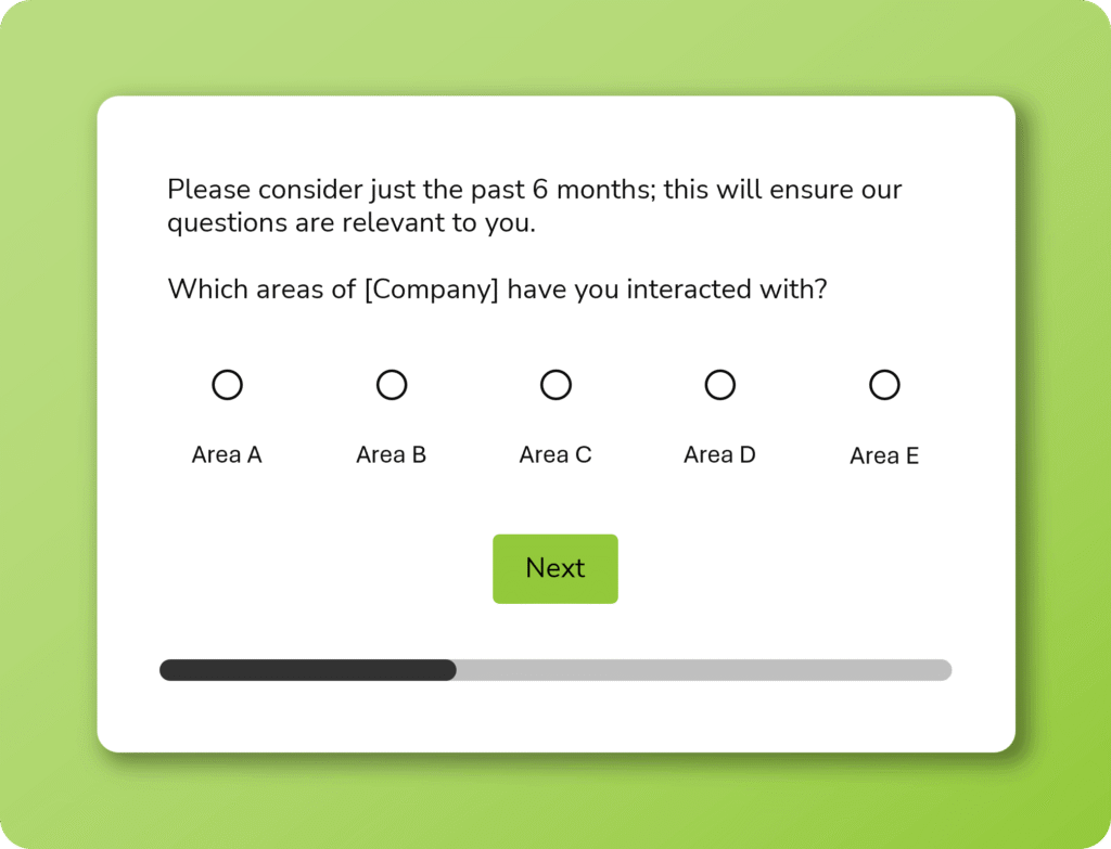 survey invitation asking respondents to select which departments of CompanyABC they've interacted with, so they only get relevant questions, which is a survey data collection best practice