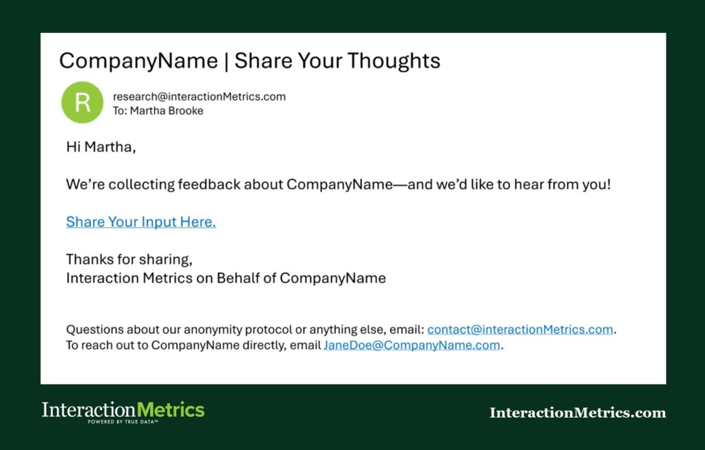 a survey email invitation from Interaction Metrics that uses a real reply-to email address to improve response rate