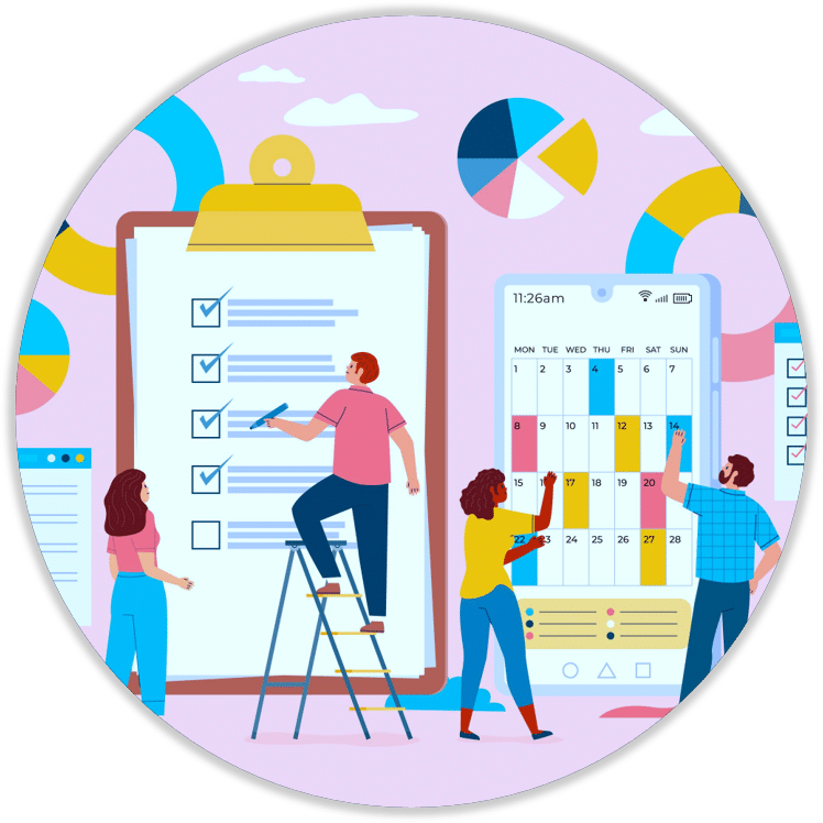 Illustration of a team planning and managing a survey: one person stands on a ladder checking items on a large clipboard questionnaire, while others review a calendar on a mobile device and point to charts and timelines—representing survey design, scheduling, and customer experience tools.