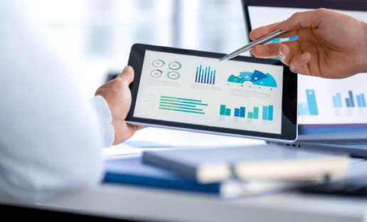 person viewing survey results on a tablet after using the correct survey sampling methods