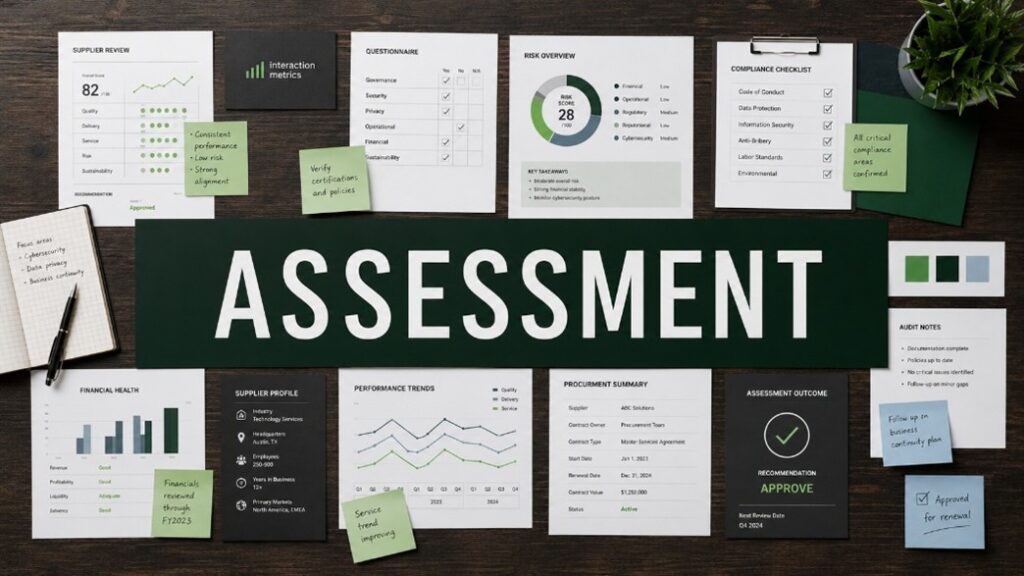 Various Interaction Metrics B2B vendor assessment reports on a desk surrounding the word "assessment"
