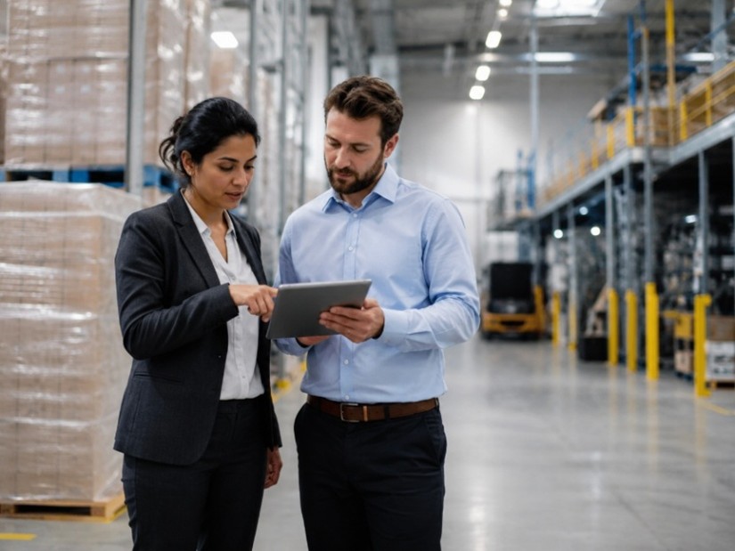 Two B2B employees completing an Interaction Metrics due diligence questionnaire on a tablet in a warehouse