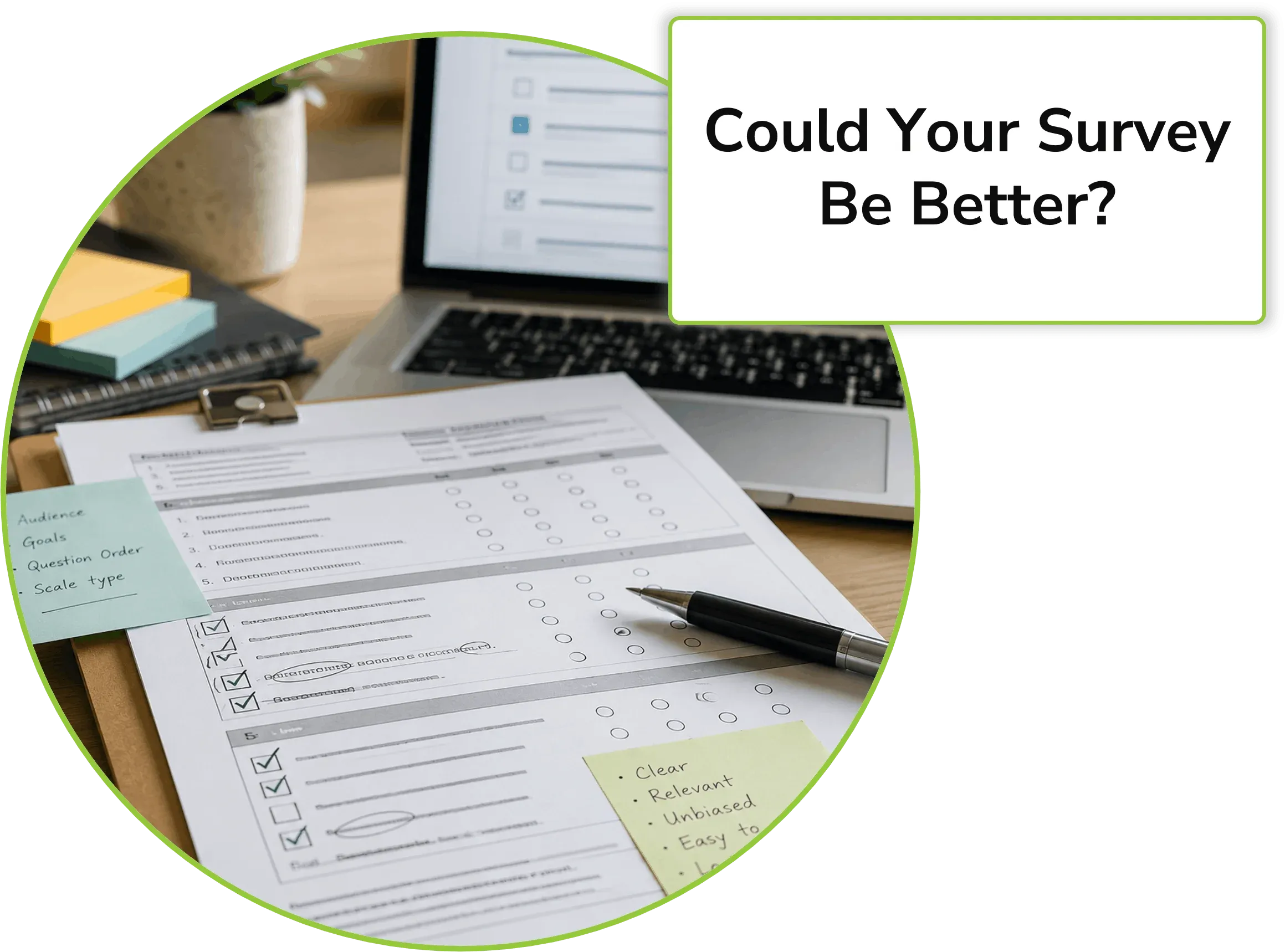 clipboard with survey best practices strategy, with a callout asking "Could Your Survey Be Better?"