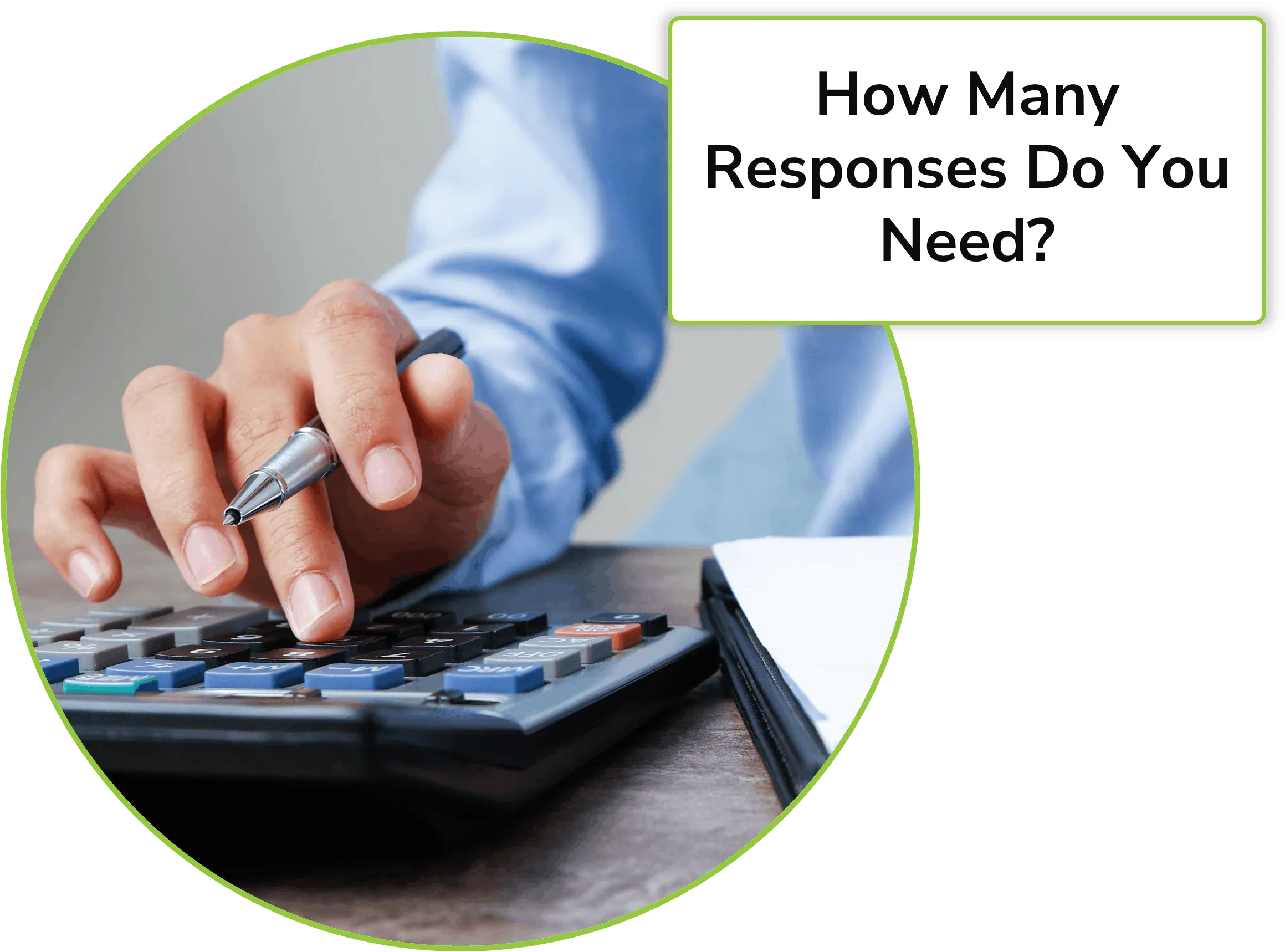 person using a calculator to calculate survey sample size with a call out box asking "How Many Responses Do You Need?"