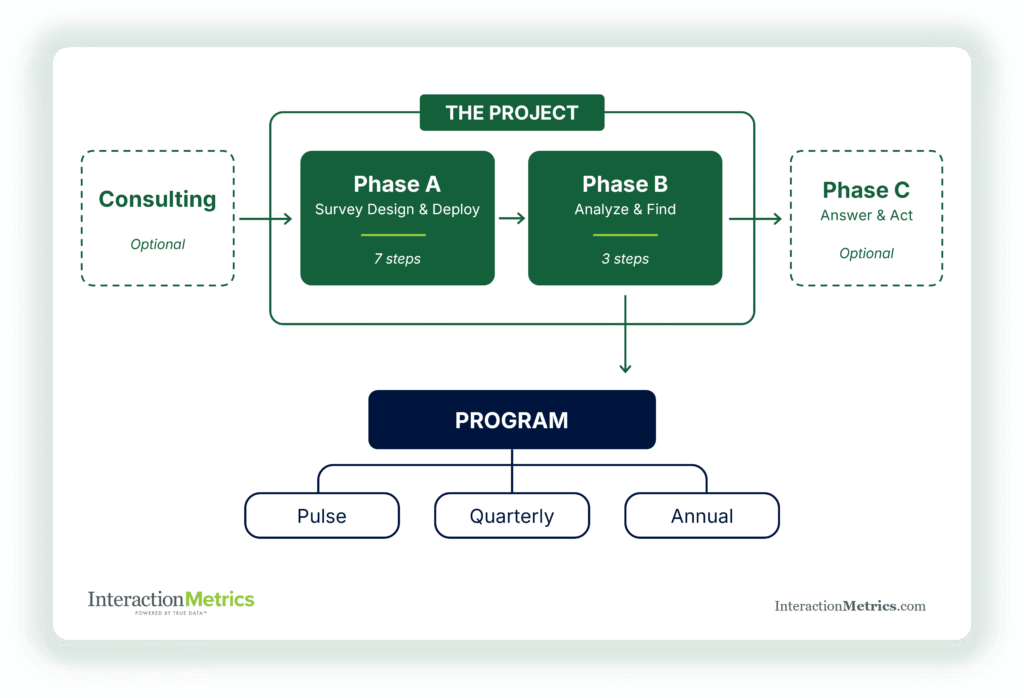 Customer survey consulting process showing optional strategy support, survey design and deployment, analysis, action planning, and ongoing pulse, quarterly, or annual programs.