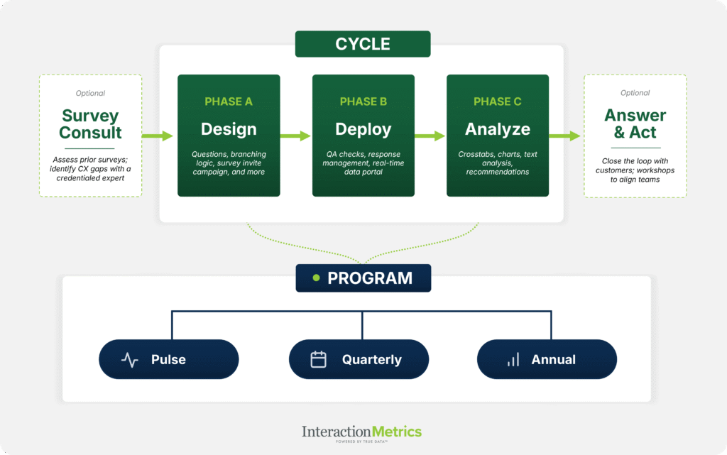 Customer survey consulting process showing optional strategy support, survey design and deployment, analysis, action planning, and ongoing pulse, quarterly, or annual programs.