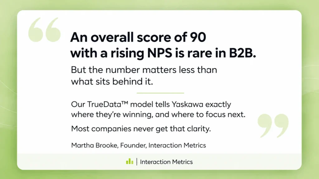 Martha Brooke of Interaction Metrics explains that Yaskawa’s 90 overall score and rising NPS matter because TrueData reveals where the company is winning and where to focus next.