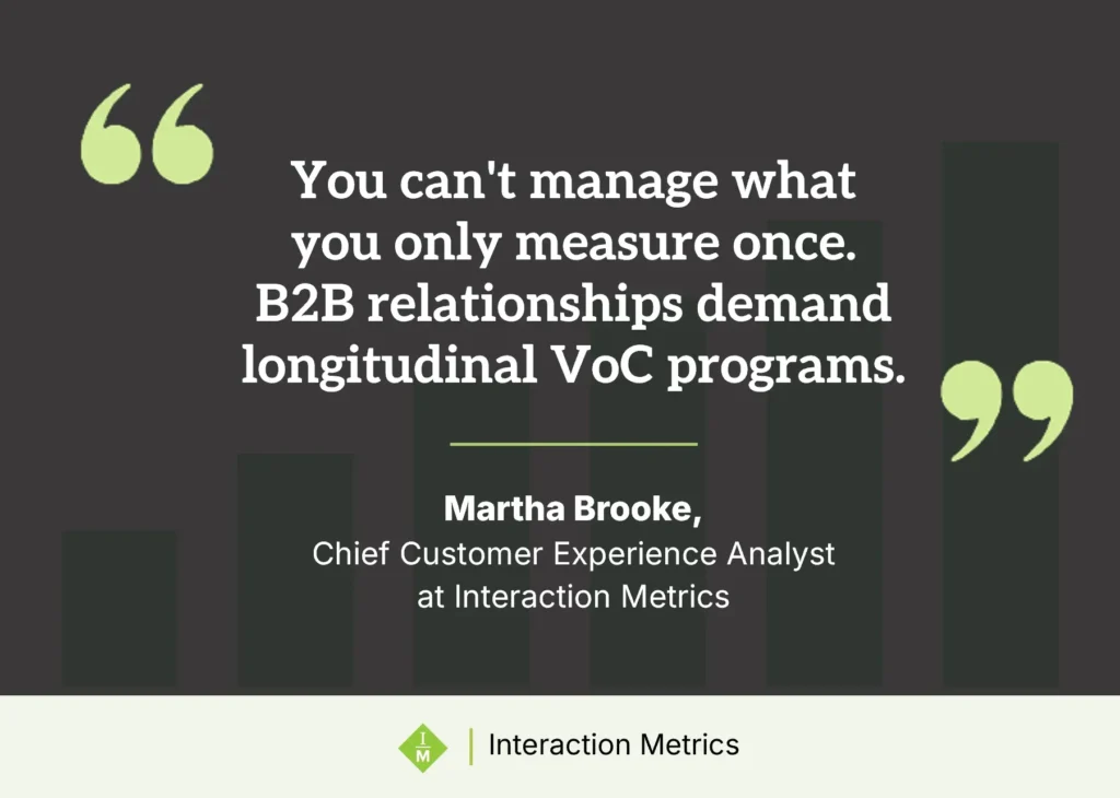 Martha Brooke quote reading you can't manage what you only measure once, B2B relationships demand longitudinal VoC programs.