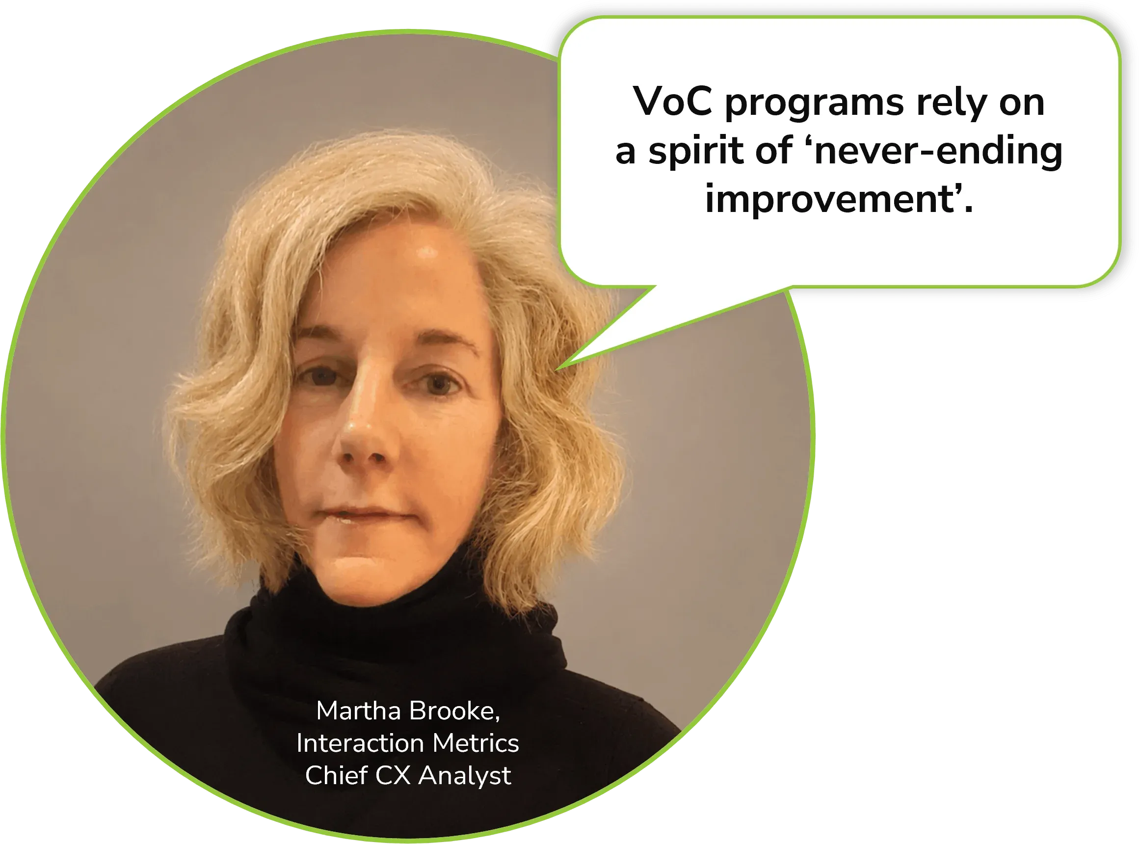 Martha Brooke, Chief CX Analyst at Interaction Metrics, with a quote that VoC programs rely on a spirit of never-ending improvement.