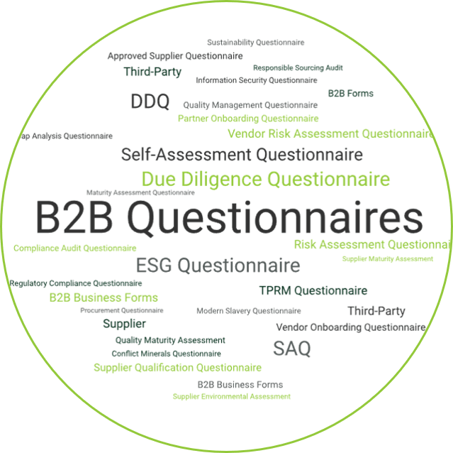 Word cloud showing the various B2B questionnaires offered by Interaction Metrics, including due diligence questionnaire, business requirement questionnaire, and self-assessment questionnaire