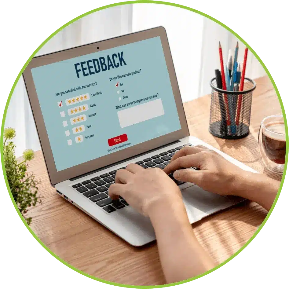 person taking an Interaction Metrics B2B customer feedback survey on a laptop