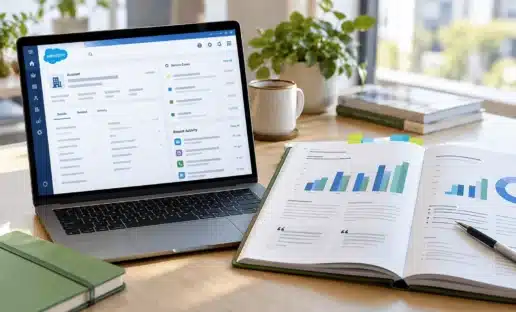 Laptop showing Salesforce customer records beside a separate B2B customer survey research report.